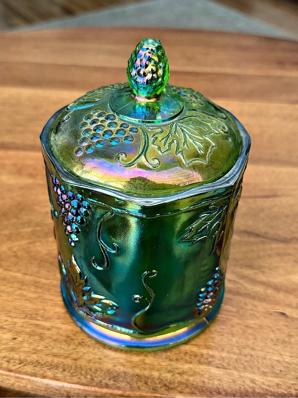 Green Iridescent Grape & Leaf Lidded Decor Jar